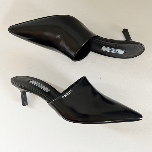 Prada Black Leather Kitten Heel Mules Pointed Toe Logo Size EU 36.5 - Picture 6 of 12